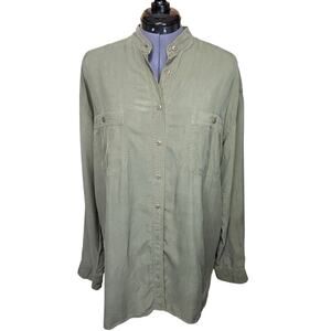 Vintage Hunt Club 100% Silk Shirt Olive Green Womens Medium Tall Mandarin Collar